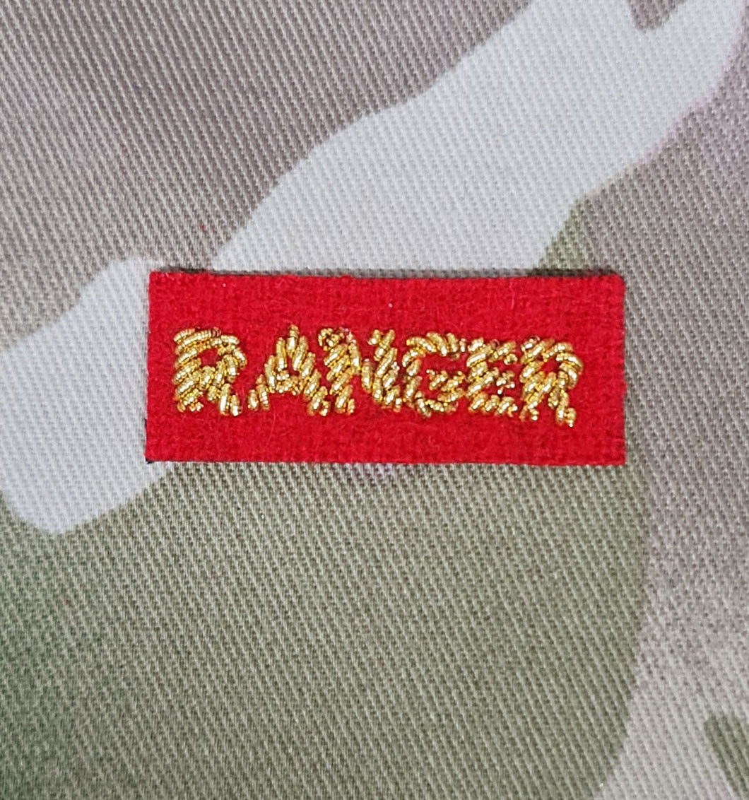 Ranger Regiment Qualification Tab Bullion Wire Mess Dress Wire Bullion Embroidered Badge (Gold on Red)