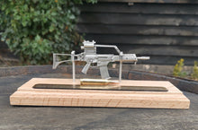Load image into Gallery viewer, Pewter Heckler & Koch (H&K) G36 on solid light oak wooden plinth desk / shelf Presentation piece