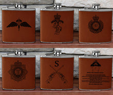 Load image into Gallery viewer, Engraved / Personalised Hipflask 6oz Tan / Black 2 Tone Leather cover design
