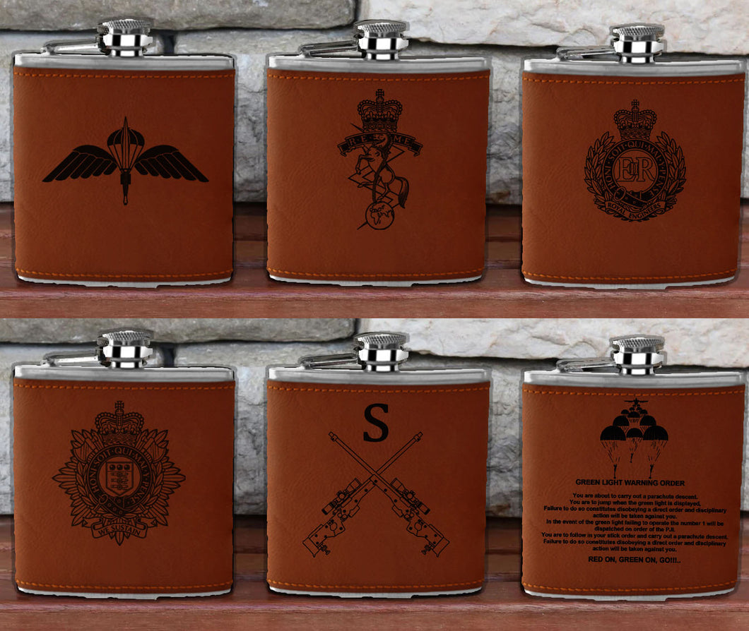 Engraved / Personalised Hipflask 6oz Tan / Black 2 Tone Leather cover design