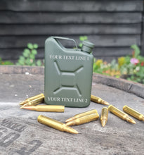Load image into Gallery viewer, Unique Engraved / Personalised Jerry Can Hipflask 5oz Matte Olive Green Finish