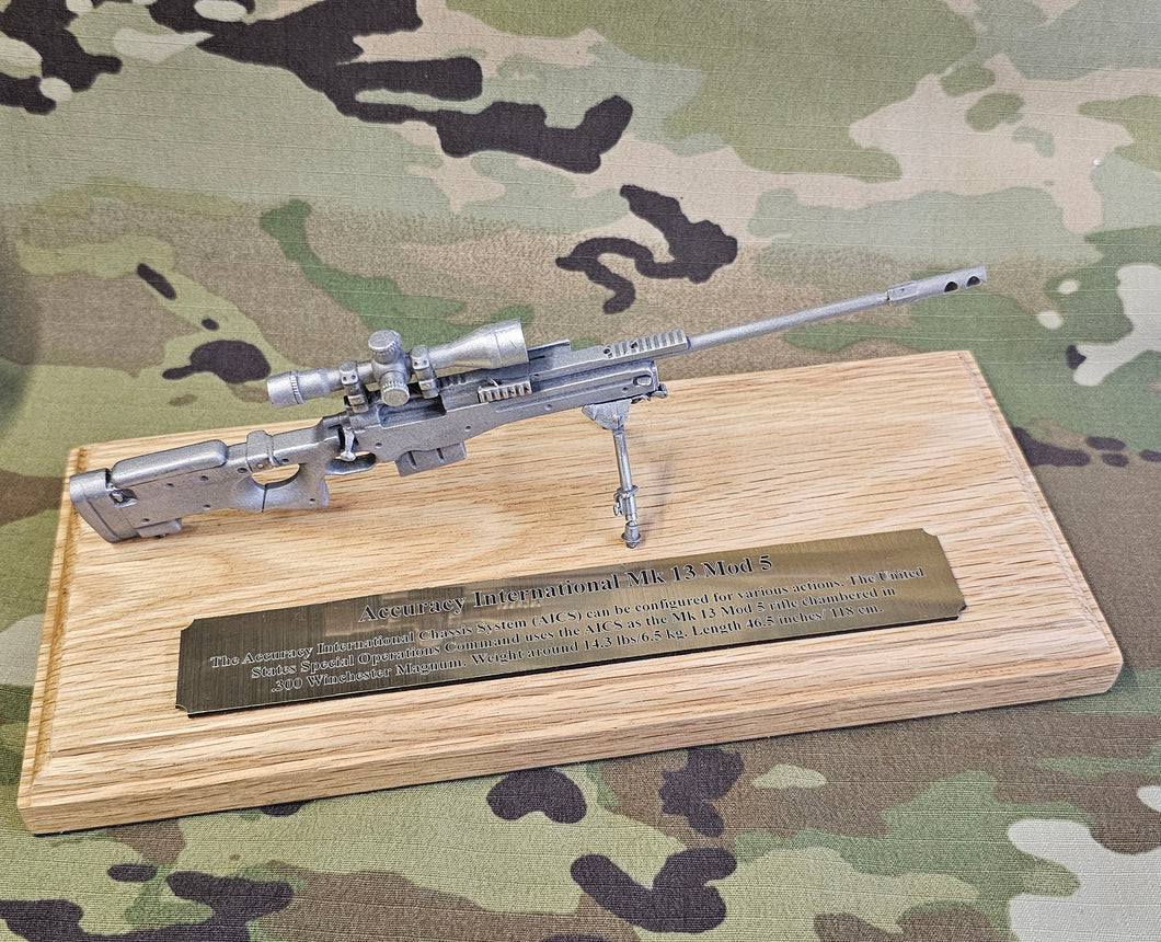 Pewter AI MK 13 MOD 5 Sniper Rifle on solid light oak wooden plinth. Presentation