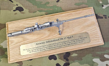 Load image into Gallery viewer, Pewter AI MK 13 MOD 5 Sniper Rifle on solid light oak wooden plinth. Presentation
