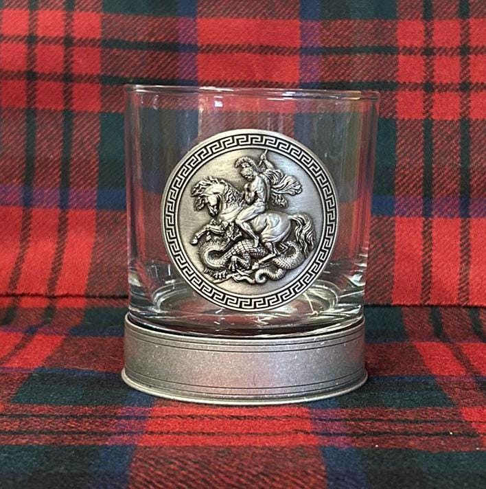 St George slaying the Dragon / England / English / UK - Metal 2D Logo / Motif Tumbler Whiskey Tumbler Glass 330ml old fashioned style
