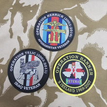 Load image into Gallery viewer, British Military Army Navy RAF woven 80mm dia circle patch / badge Op Herrick banner Telic
