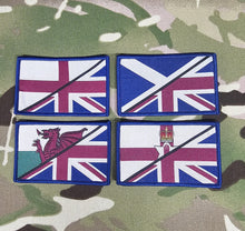 Load image into Gallery viewer, England / N Ireland / Wales / Scotland half Flag woven Badge Patch 50mm x 80mm flag vintage style velcro welsh Irish UK union jack
