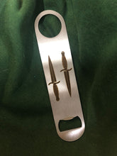Load image into Gallery viewer, Personalised Engraved Bar Blade Stainless Steel Bottle Opener - Fairburn Sykes Dagger Design
