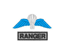 Load image into Gallery viewer, Airborne Parachutist Wings with Ranger Tab  - Embroidered Design - Choose your Garment
