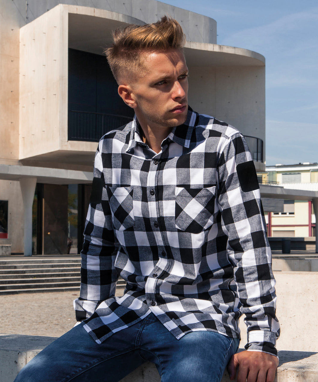 H39 Exclusive - Tactical Checked flannel long sleeve shirt Complete with velcro arm patches (White black check)