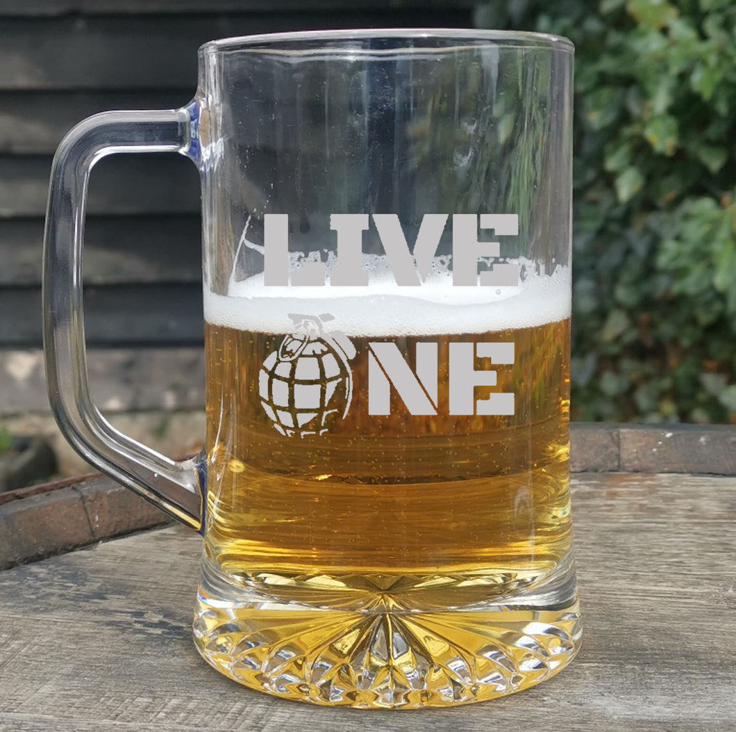 Live One - Engraved Glass Beer Pint Tankard 660ml