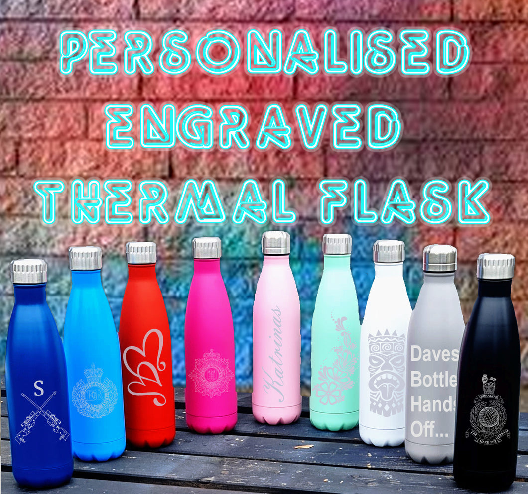 Personalised Laser Engraved 500ml | Stainless Steel Metal Thermal Flask Drinks Bottle for Gym Sports Kids Work | Custom Gifts For Him Her